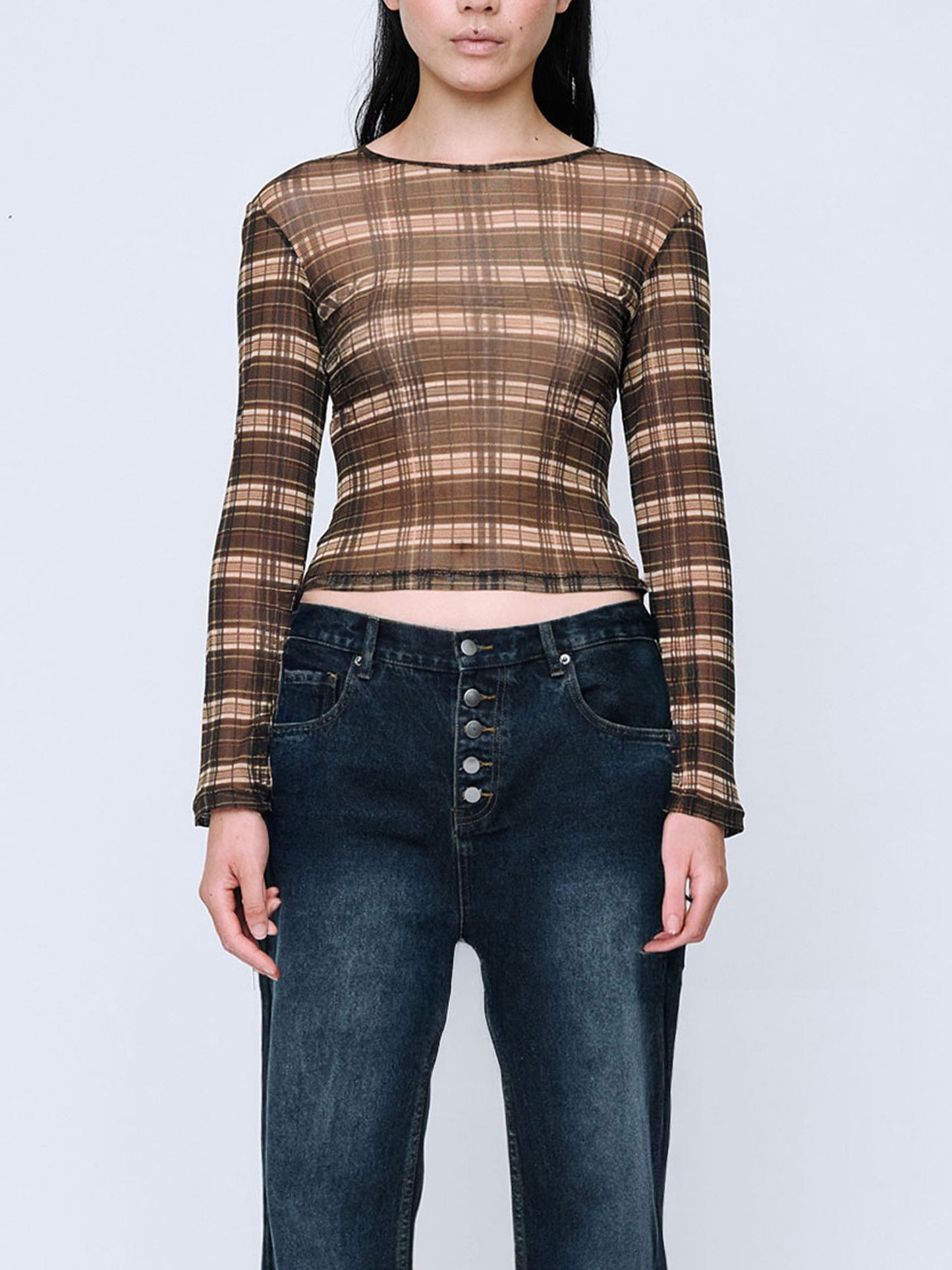 Wynn Hamlyn | Silk Mesh Long Sleeve Top - Brown Check