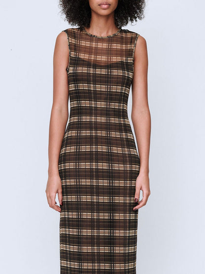 Wynn Hamlyn | Silk Mesh Maxi Dress - Brown Check