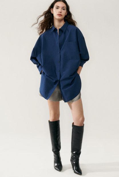 Silk Laundry | Cotton Silk Round Shirt - Midnight