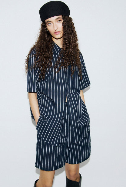 Silk Laundry | Cotton Short Sleeve Boyfriend Shirt - Egret Stripe
