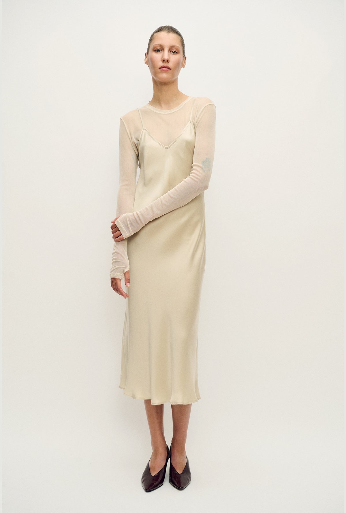 Silk Laundry | Mesh Long Sleeve Top - Hazelnut