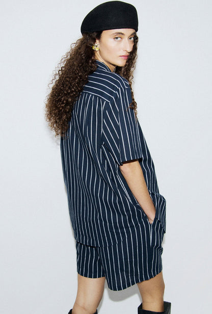Silk Laundry | Cotton Short Sleeve Boyfriend Shirt - Egret Stripe
