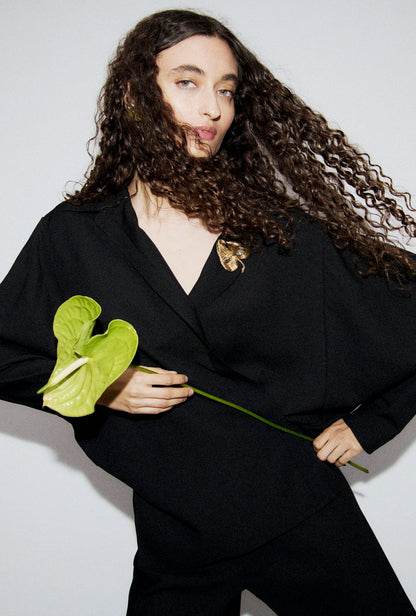 Silk Laundry | Wool Silk Cross Over Shirt - Black