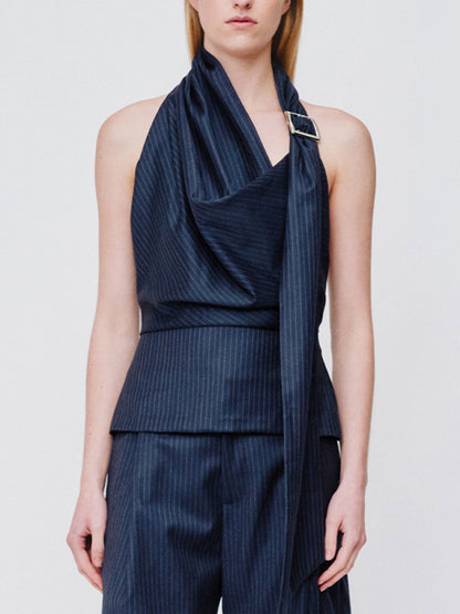 Wynn Hamlyn | Catherine Buckle Top - Navy Pinstripe