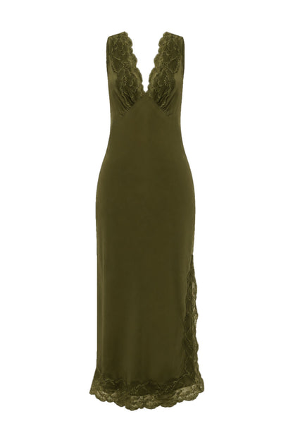 Rowie The Label | Annie Silk Midi Dress - Olive