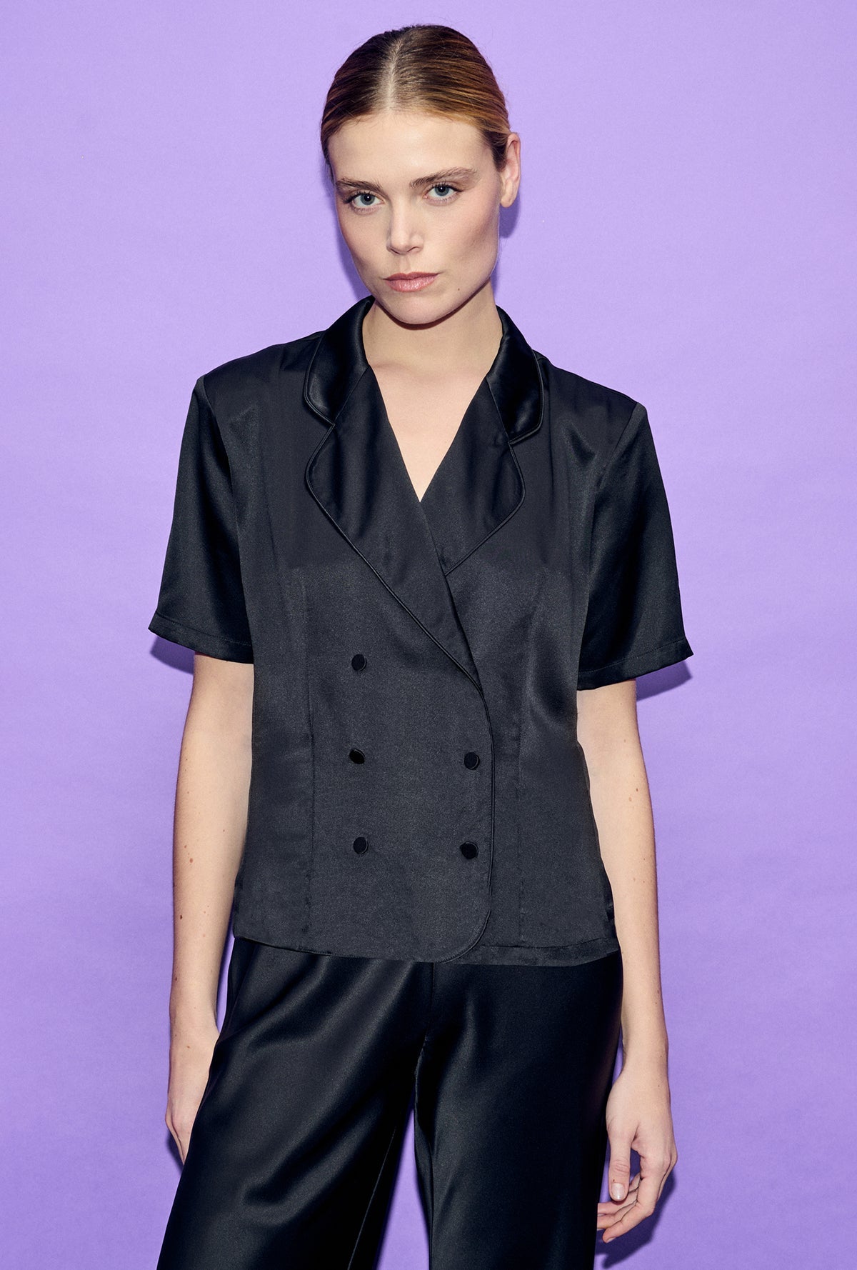 Silk Laundry | Short Sleeve Double Breasted Jacket - Black