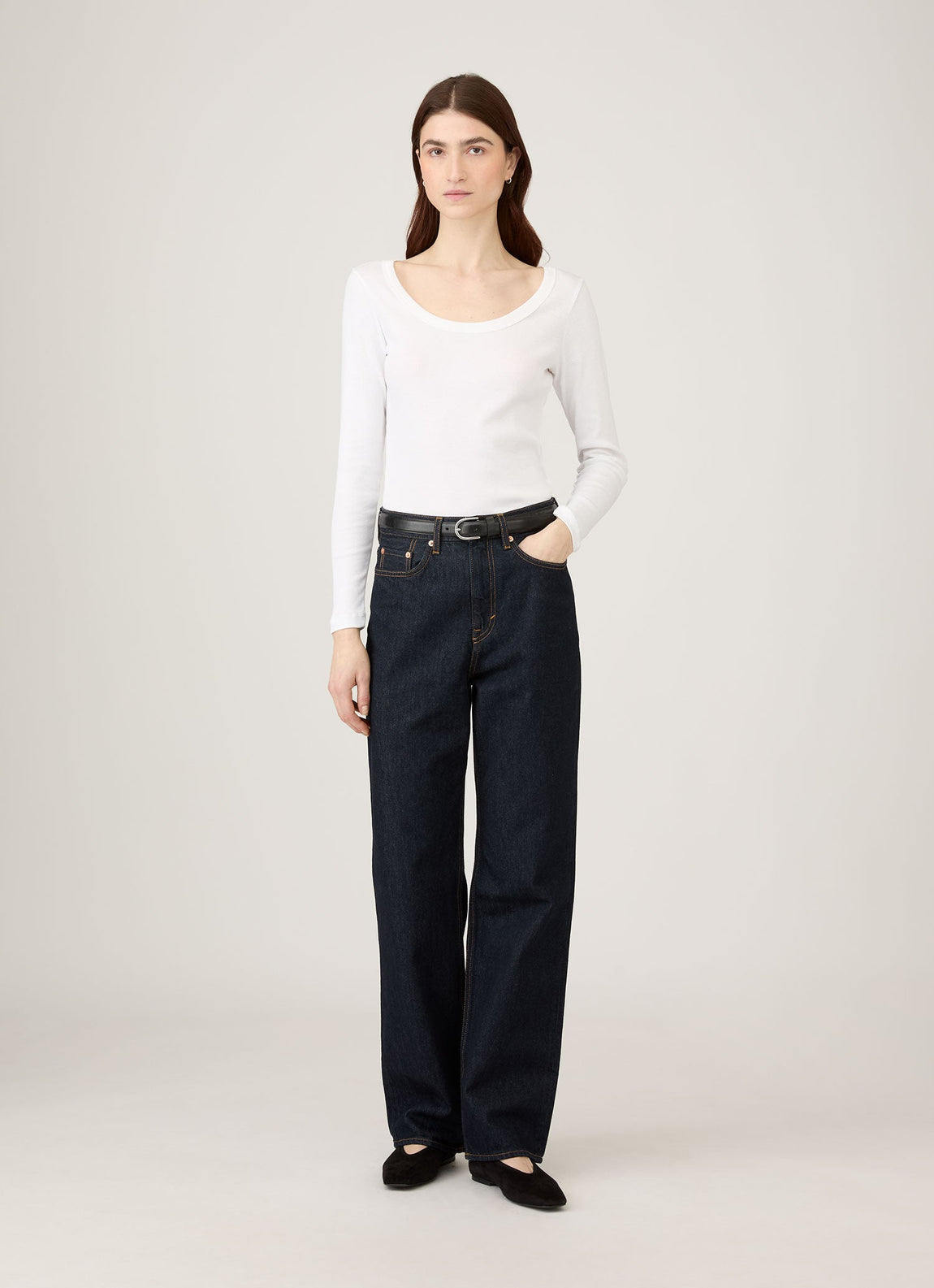 Sunspel | Rib Long Sleeve Scoop Neck - White