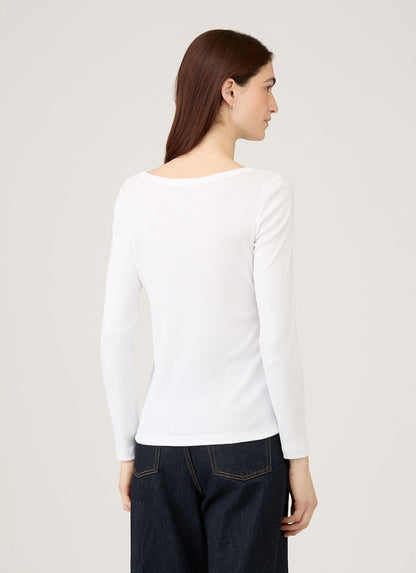 Sunspel | Rib Long Sleeve Scoop Neck - White