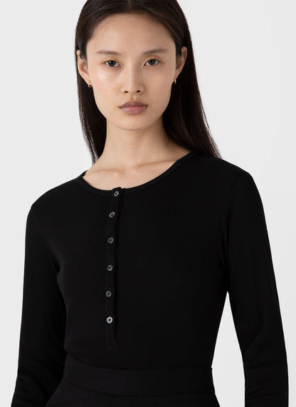 Sunspel | Rib Ls Henley - Black