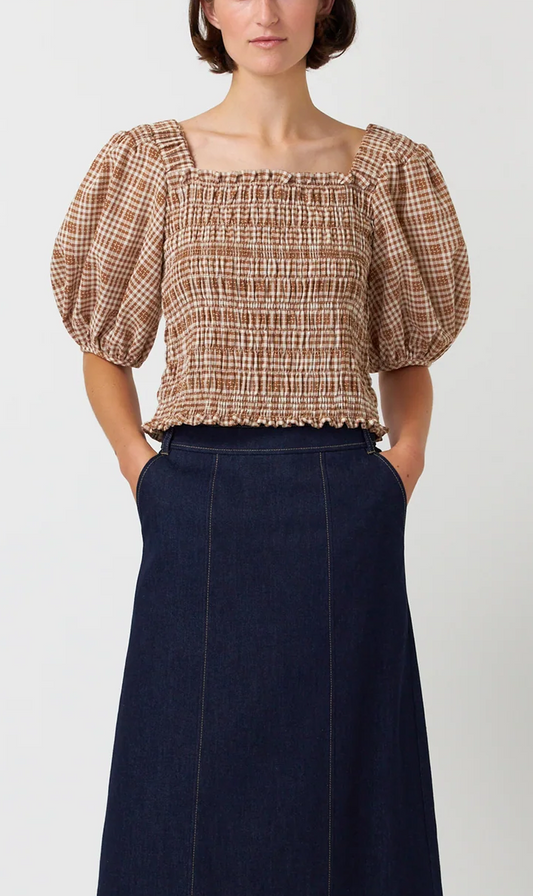 Kate Sylvester | Gingham Shirred Top - Caramel